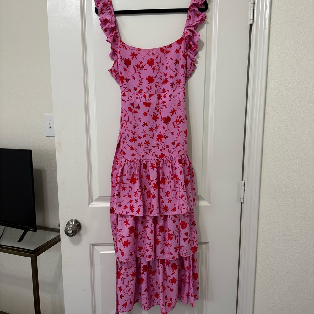 LIKELY Pink and Red Floral Ruffle Dress